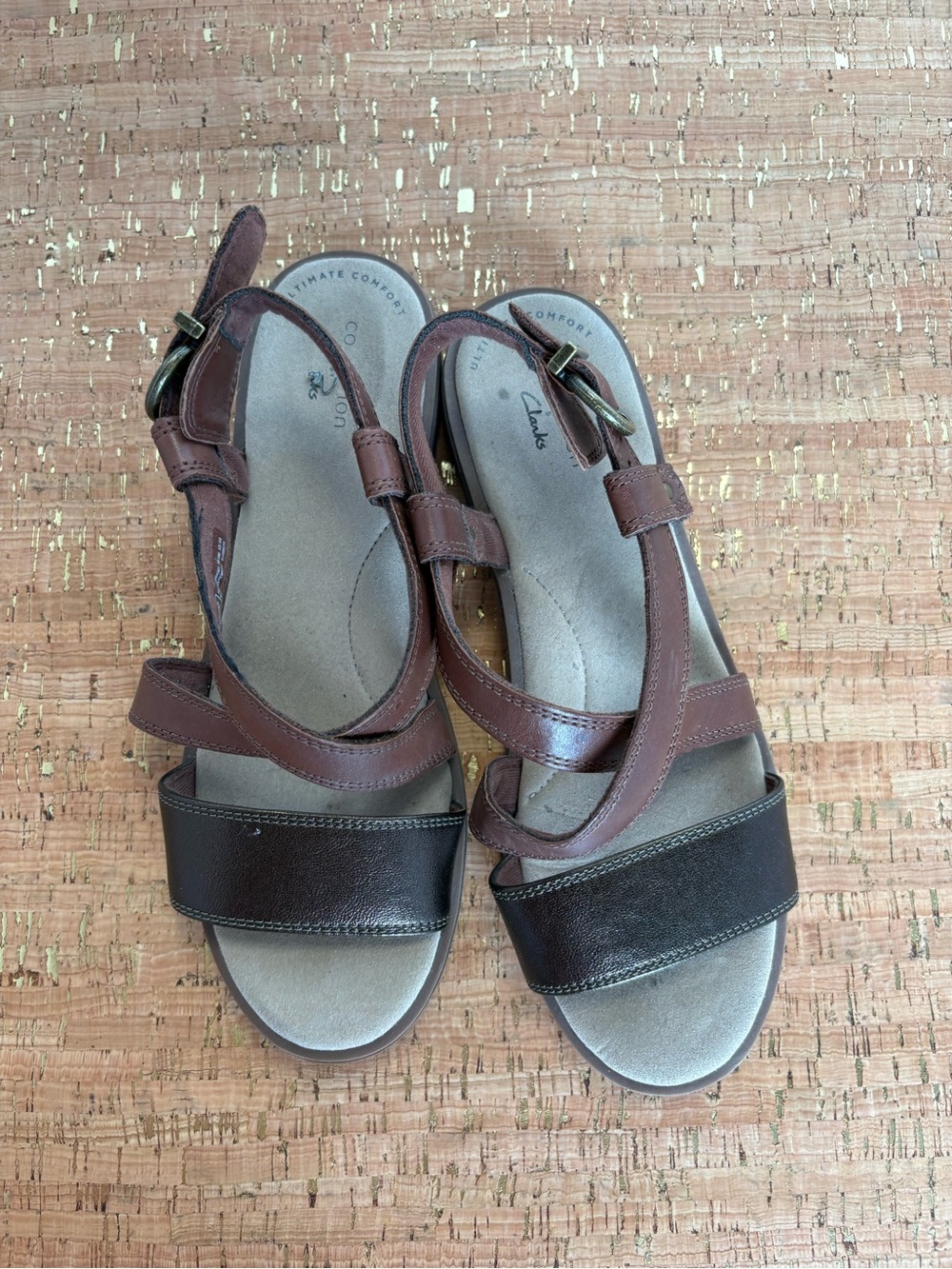 Clarks Brown and Dark Brown Leather Strappy Slingback Sandals